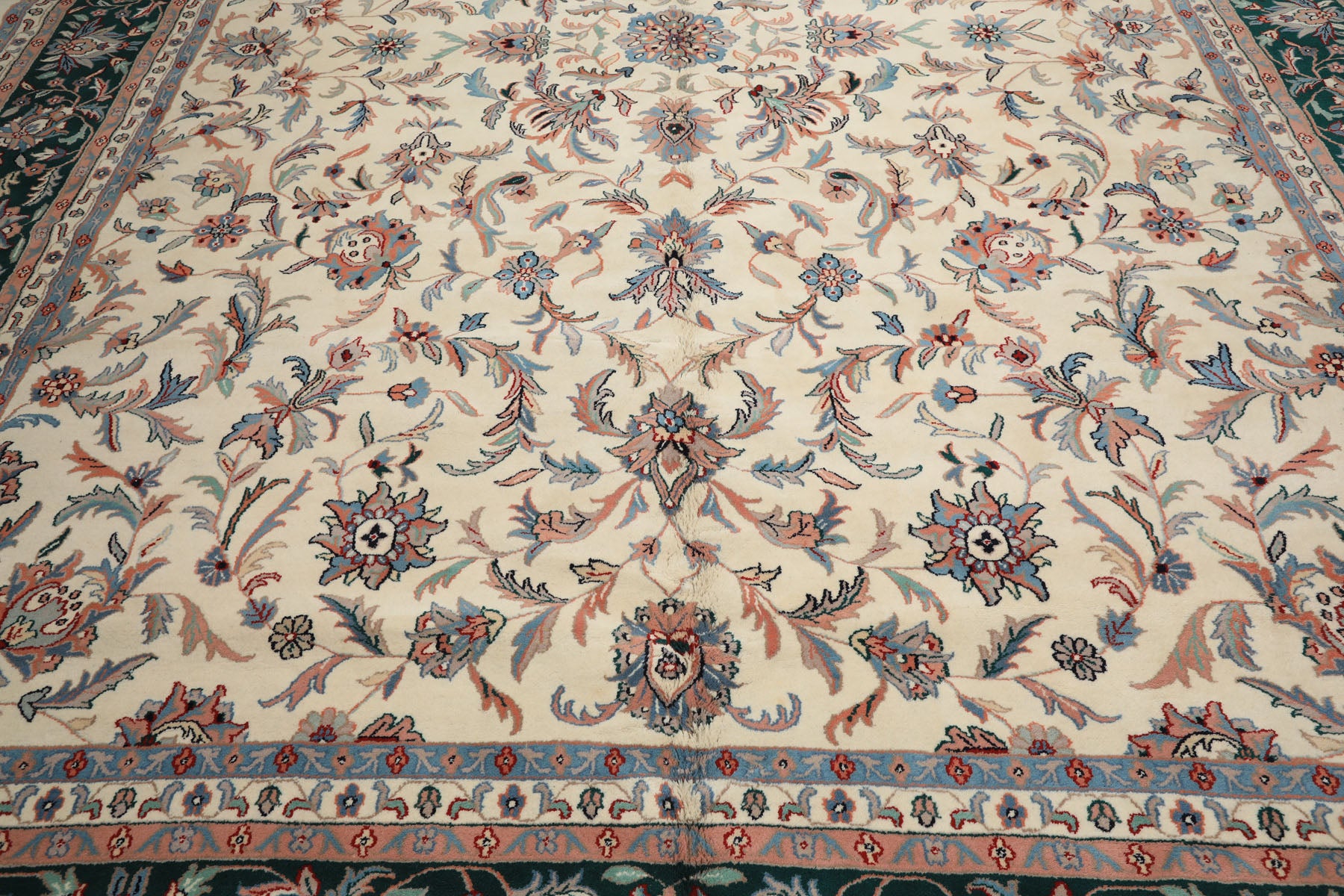 12x15 Cream, Emerald, Blush Color Hand Knotted Kashan Wool Traditional Oriental Rug