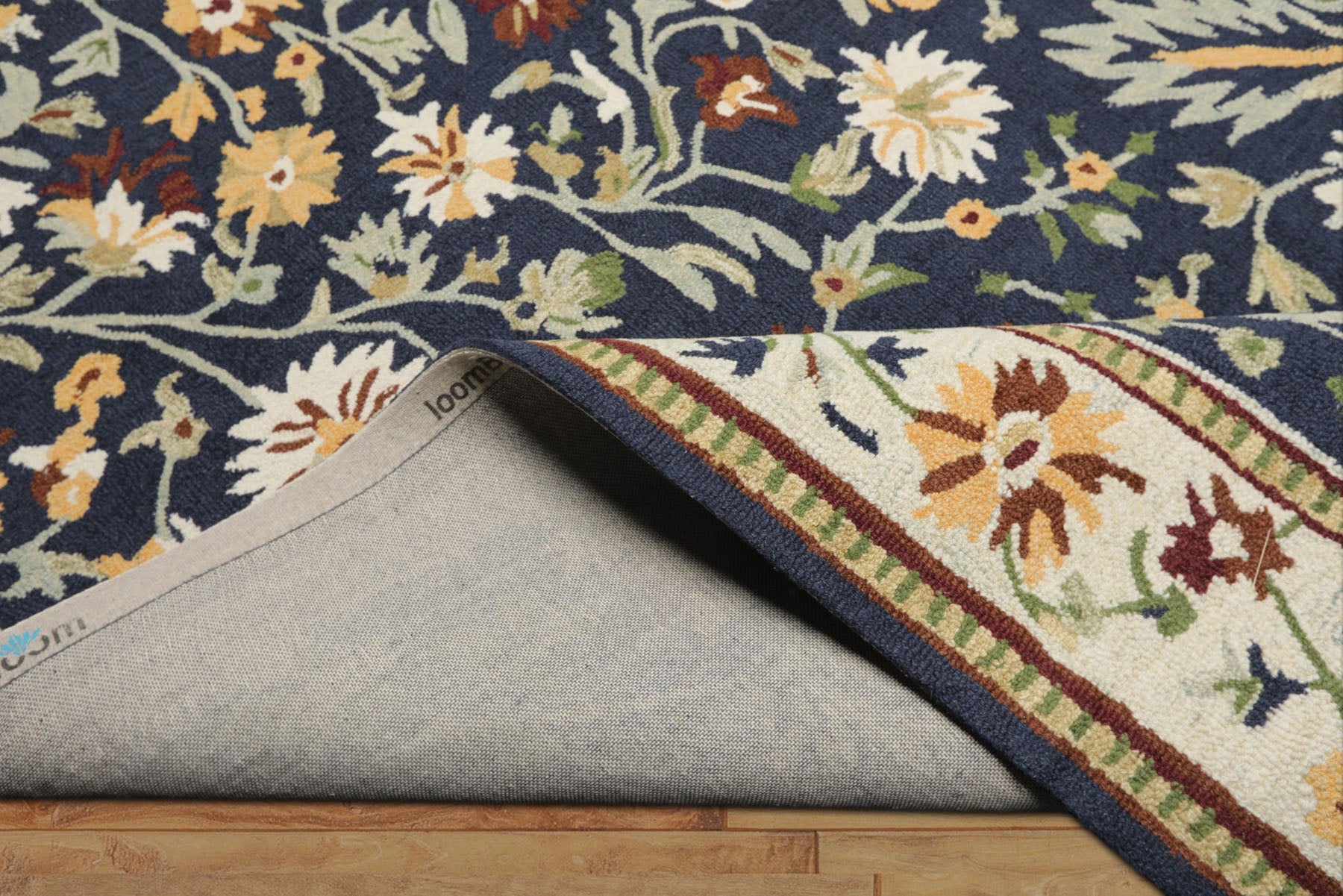 8x10 Navy, Ivory, Sage Color Hand Hooked  Wool Traditional Oriental Rug