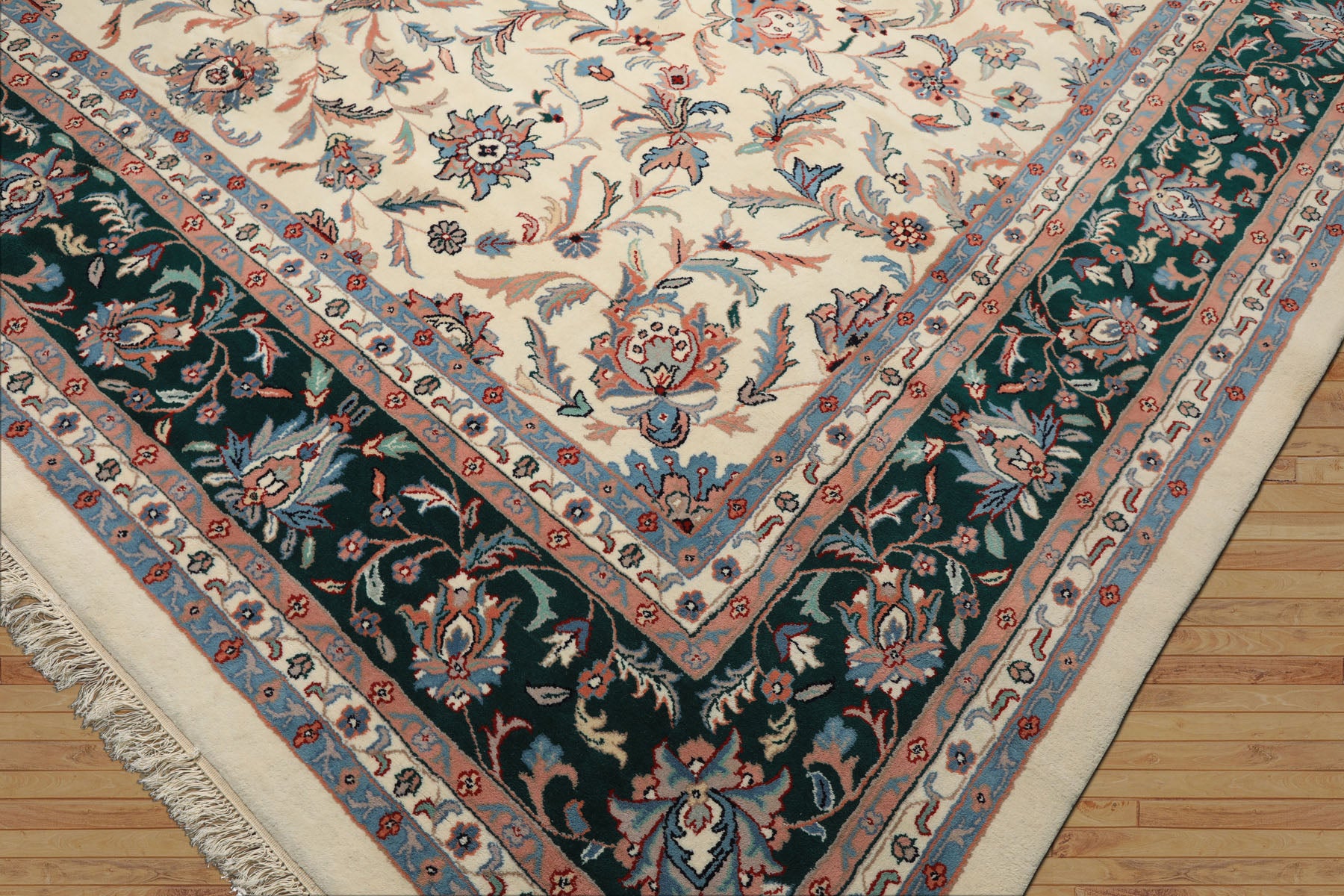 12x15 Cream, Emerald, Blush Color Hand Knotted Kashan Wool Traditional Oriental Rug