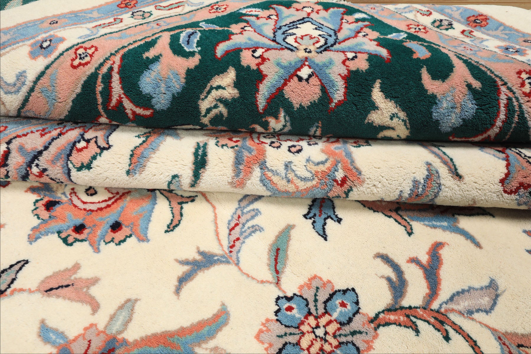 12x15 Cream, Emerald, Blush Color Hand Knotted Kashan Wool Traditional Oriental Rug