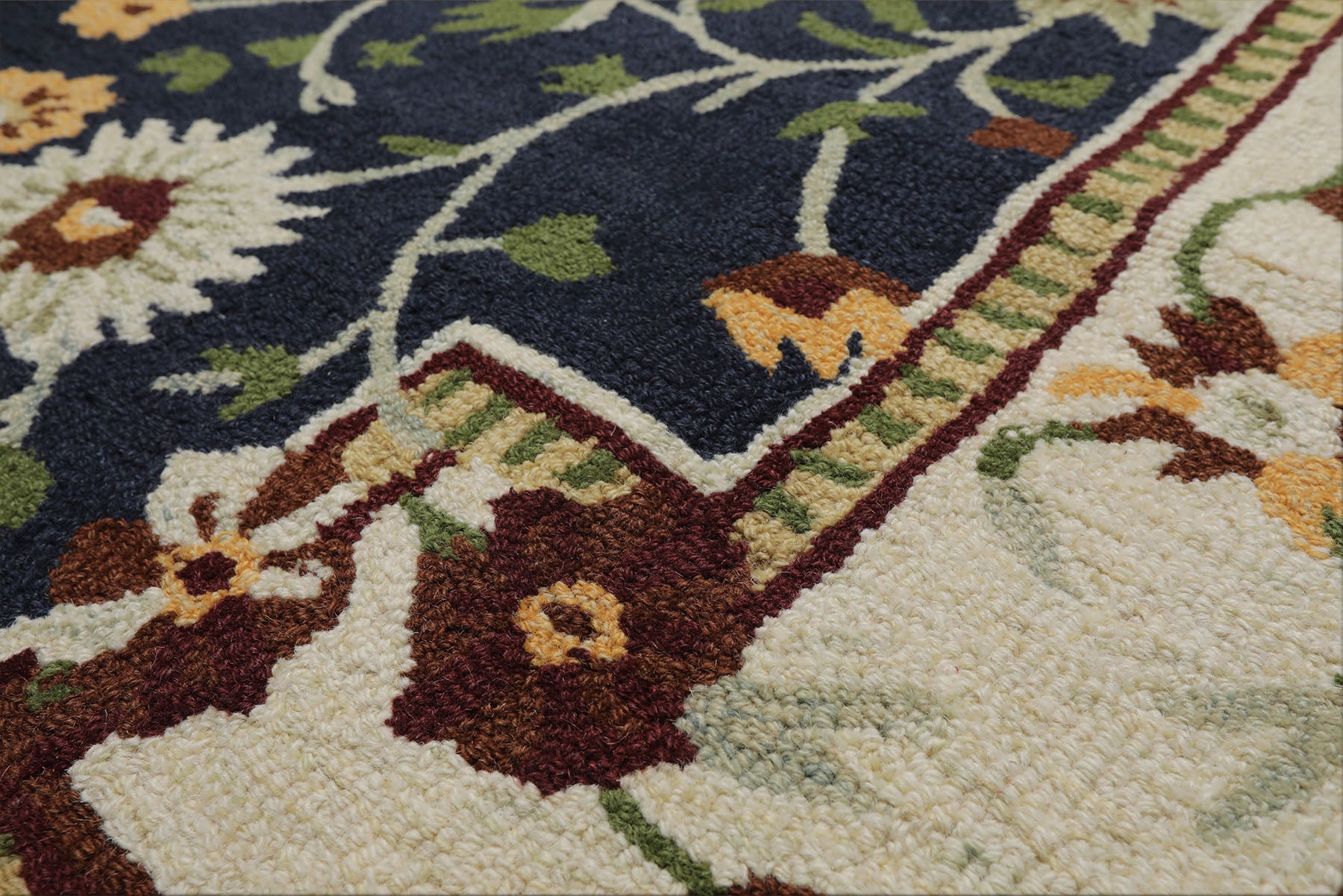 8x10 Navy, Ivory, Sage Color Hand Hooked  Wool Traditional Oriental Rug