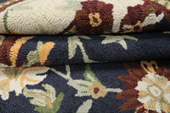 8x10 Navy, Ivory, Sage Color Hand Hooked  Wool Traditional Oriental Rug