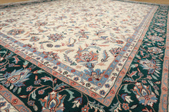 12x15 Cream, Emerald, Blush Color Hand Knotted Kashan Wool Traditional Oriental Rug