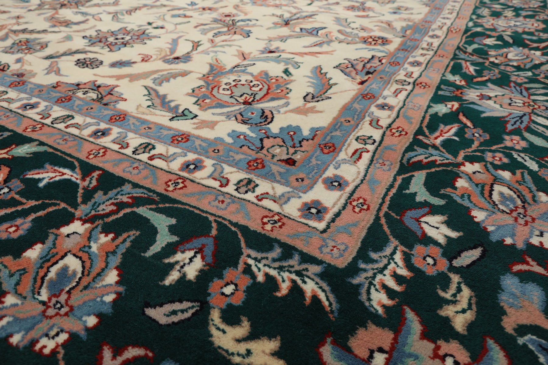 12x15 Cream, Emerald, Blush Color Hand Knotted Kashan Wool Traditional Oriental Rug