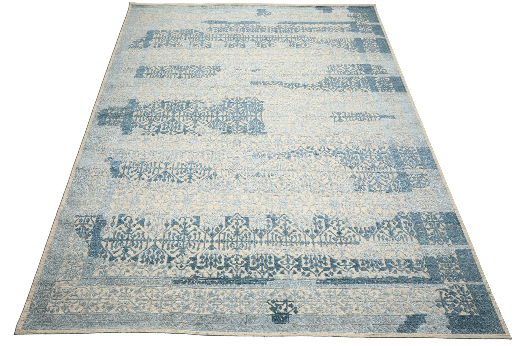 9x12 Blue, Ivory, Color Hand Knotted Oushak Wool & Bamboo Silk Transitional Oriental Rug