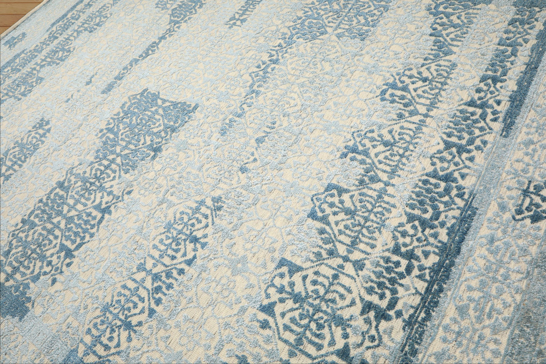 9x12 Blue, Ivory, Color Hand Knotted Oushak Wool & Bamboo Silk Transitional Oriental Rug