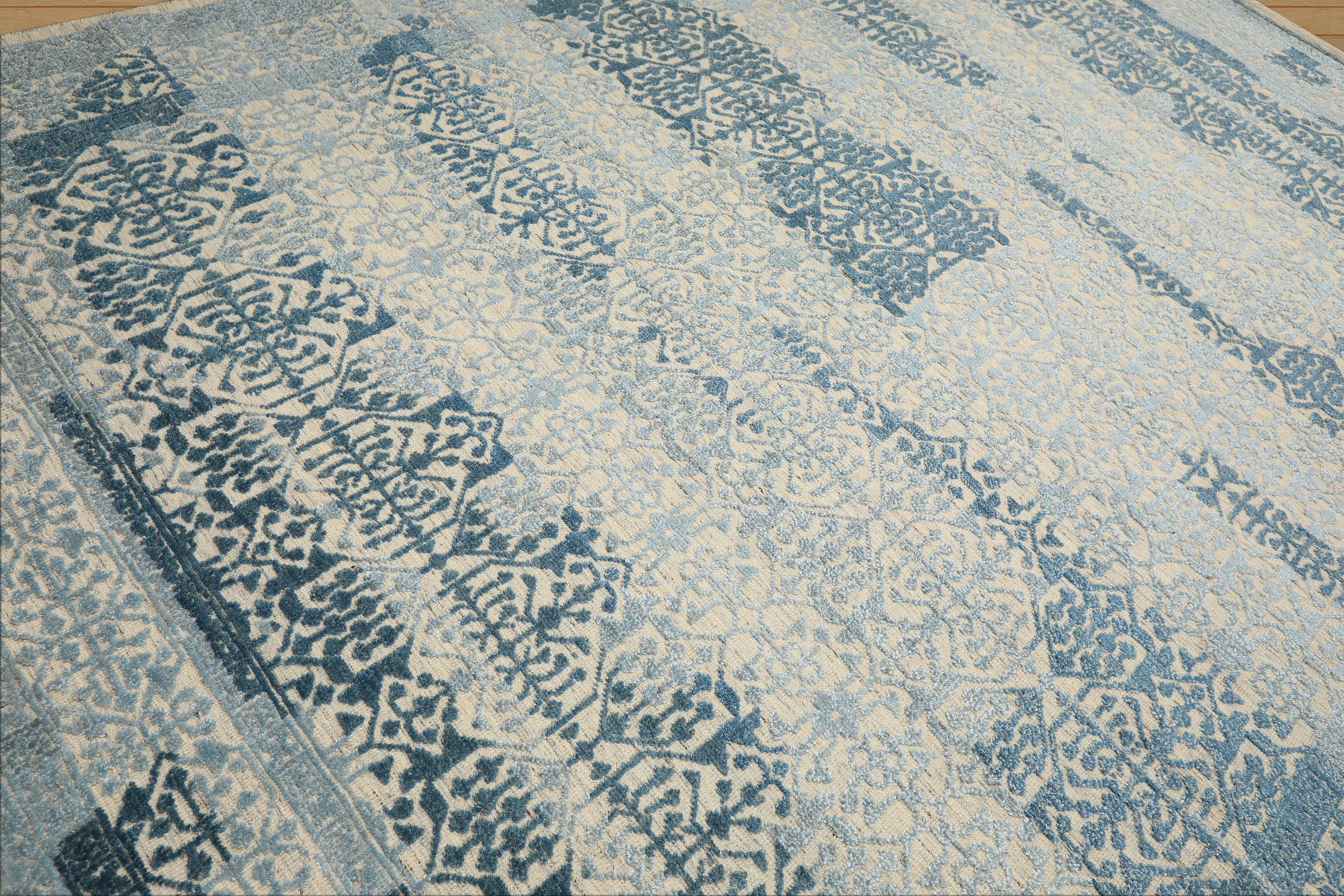 9x12 Blue, Ivory, Color Hand Knotted Oushak Wool & Bamboo Silk Transitional Oriental Rug