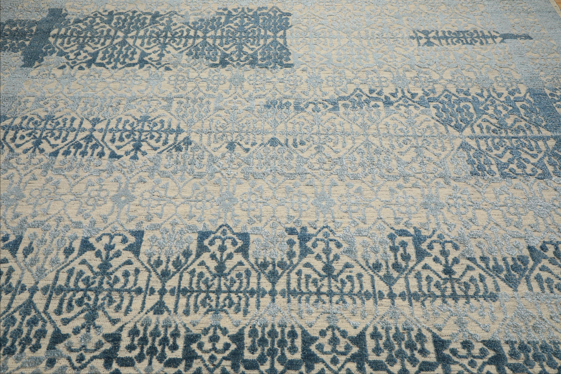 9x12 Blue, Ivory, Color Hand Knotted Oushak Wool & Bamboo Silk Transitional Oriental Rug