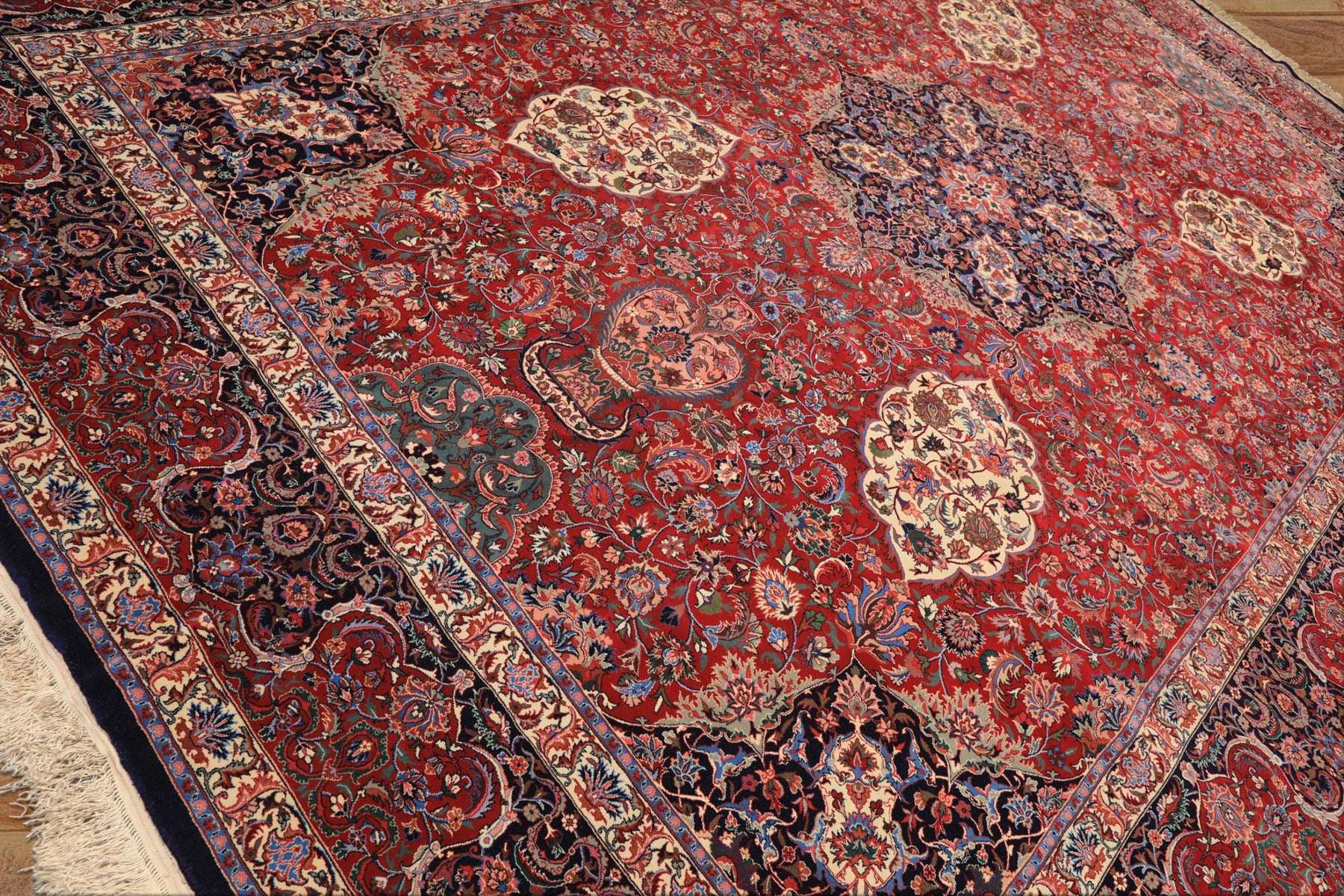 10x14 Red, Navy, Ivory Color Hand Knotted Pak Persian Wool & Silk Traditional Oriental Rug