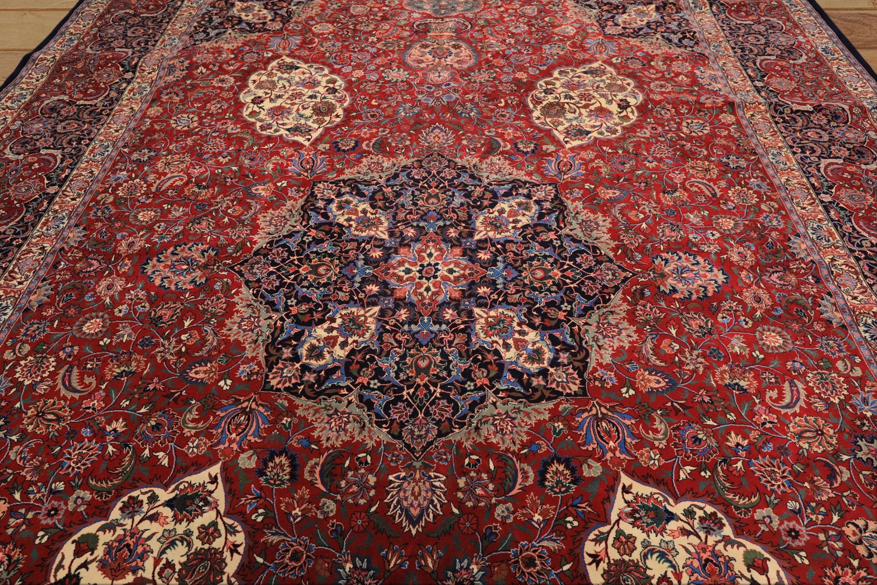 10x14 Red, Navy, Ivory Color Hand Knotted Pak Persian Wool & Silk Traditional Oriental Rug