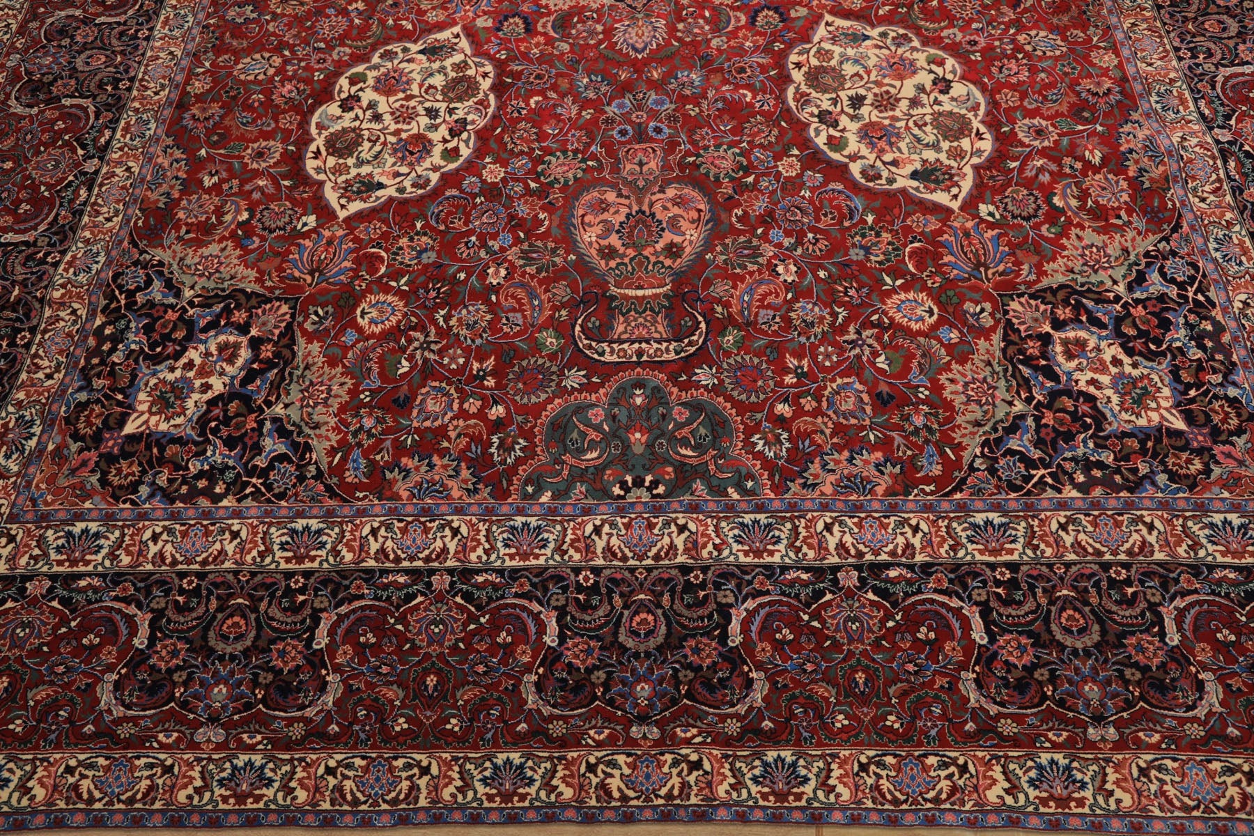 10x14 Red, Navy, Ivory Color Hand Knotted Pak Persian Wool & Silk Traditional Oriental Rug