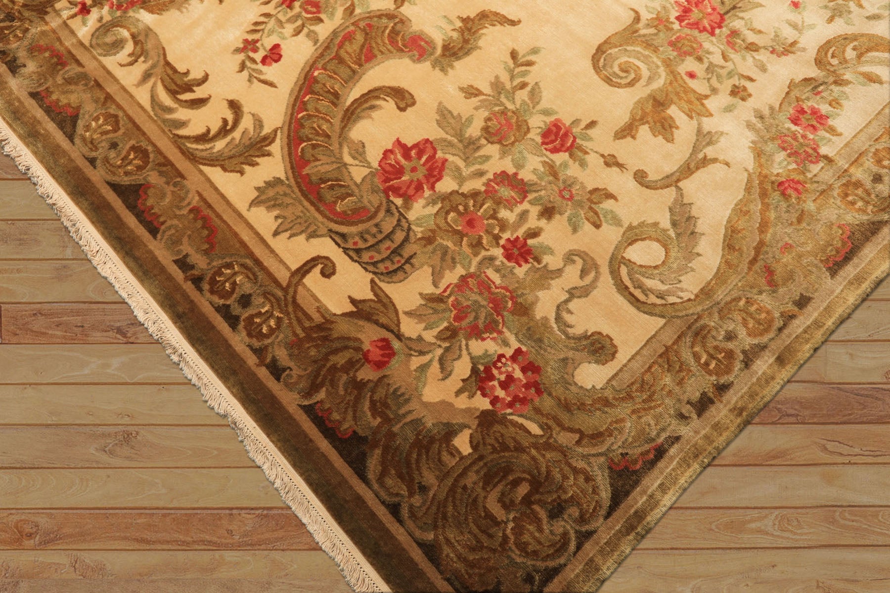 Palace Tan, Gold, Green Color Hand Knotted French Aubusson Savonnerie New Zealand Wool & Silk Traditional Oriental Rug