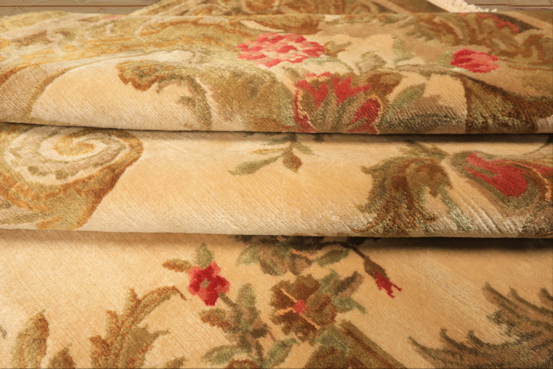 Palace Tan, Gold, Green Color Hand Knotted French Aubusson Savonnerie New Zealand Wool & Silk Traditional Oriental Rug