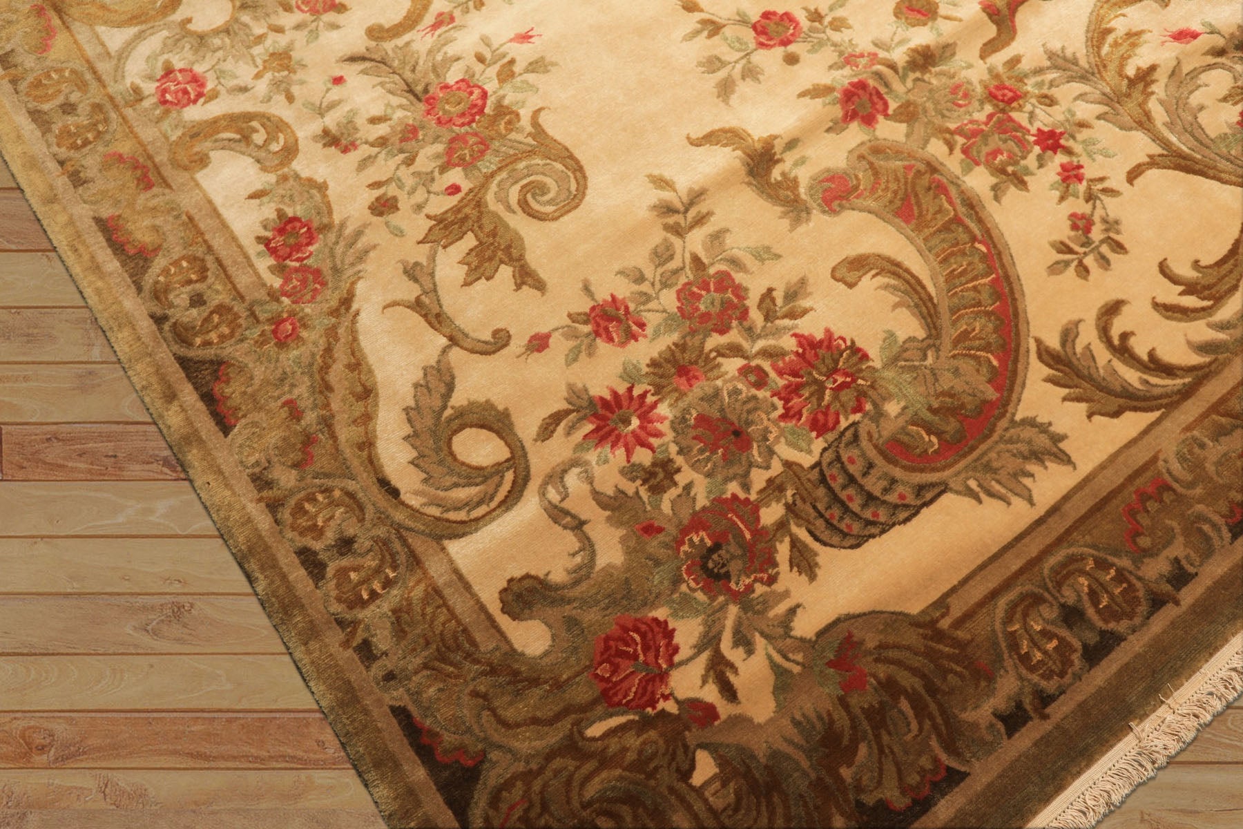 Palace Tan, Gold, Green Color Hand Knotted French Aubusson Savonnerie New Zealand Wool & Silk Traditional Oriental Rug