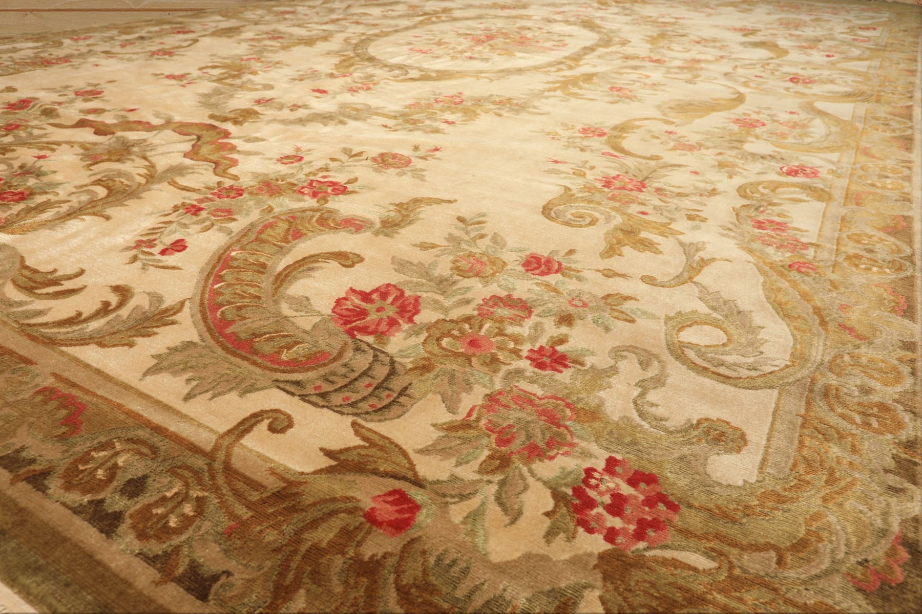 Palace Tan, Gold, Green Color Hand Knotted French Aubusson Savonnerie New Zealand Wool & Silk Traditional Oriental Rug