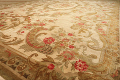 Palace Tan, Gold, Green Color Hand Knotted French Aubusson Savonnerie New Zealand Wool & Silk Traditional Oriental Rug