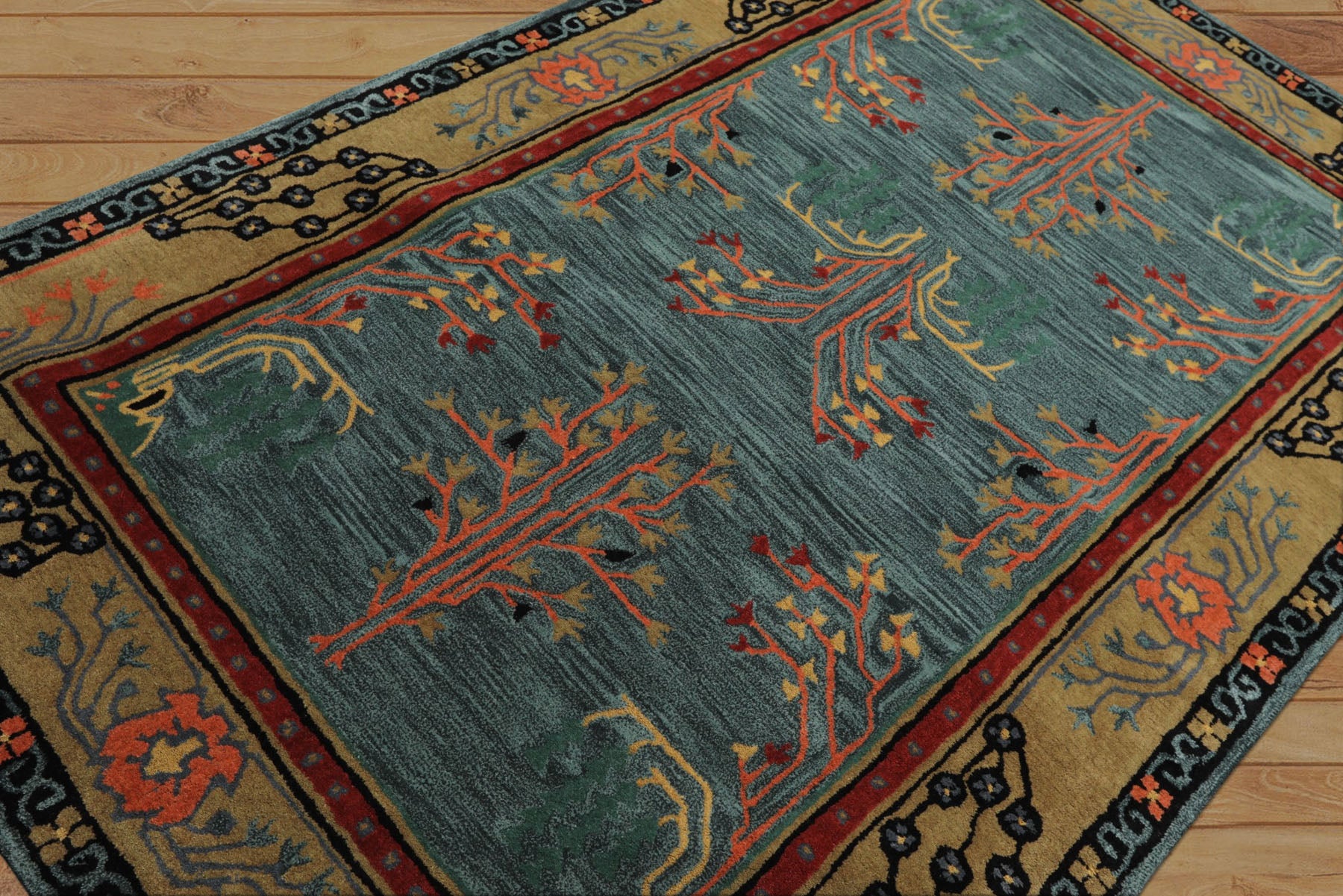 5x8 Turquoise, Gold, Black Color Hand Tufted Donegal Wool Traditional Oriental Rug