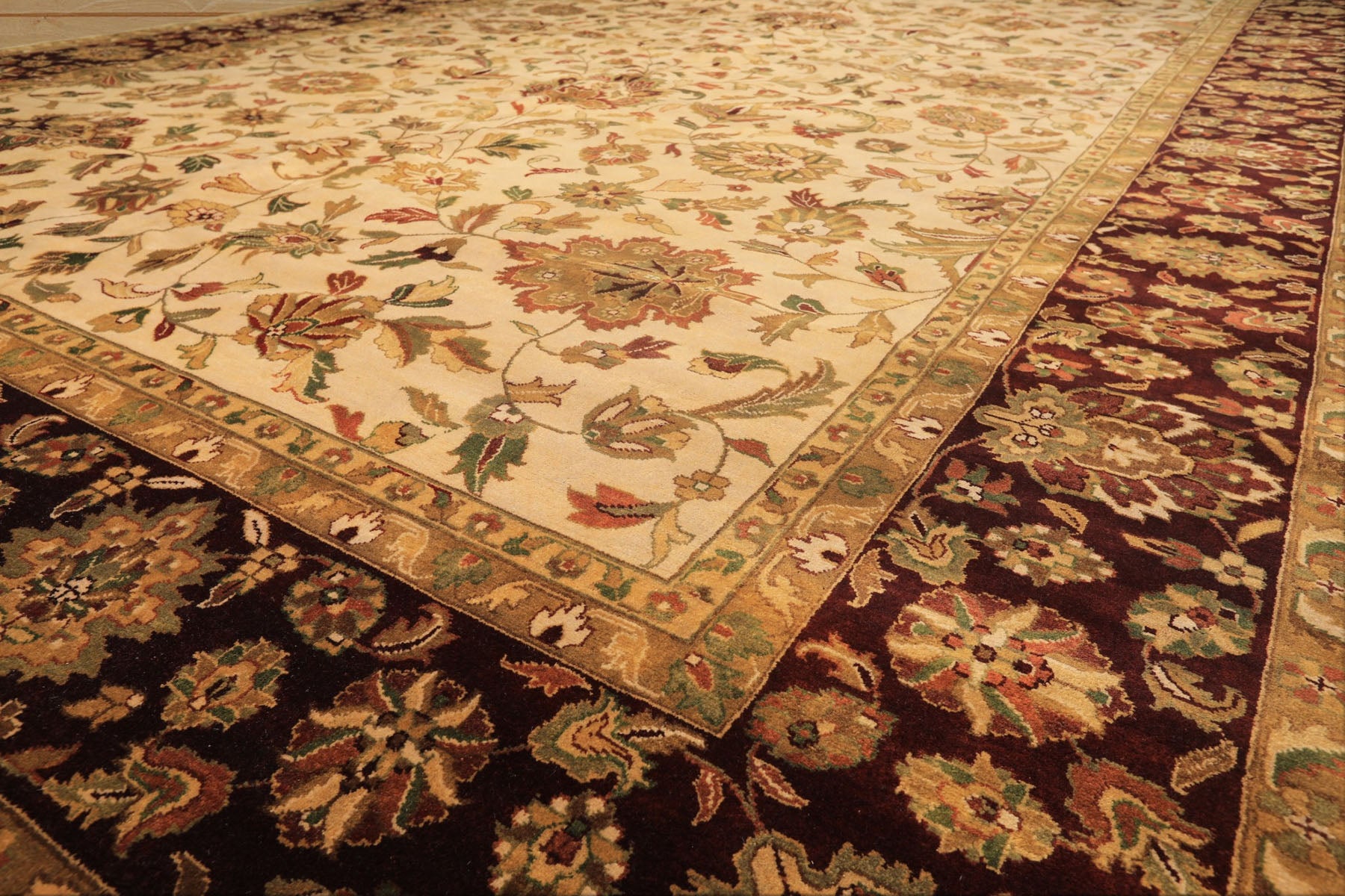 12x18 Beige, Maroon, Sage Color Hand Knotted Agra Wool Traditional Oriental Rug