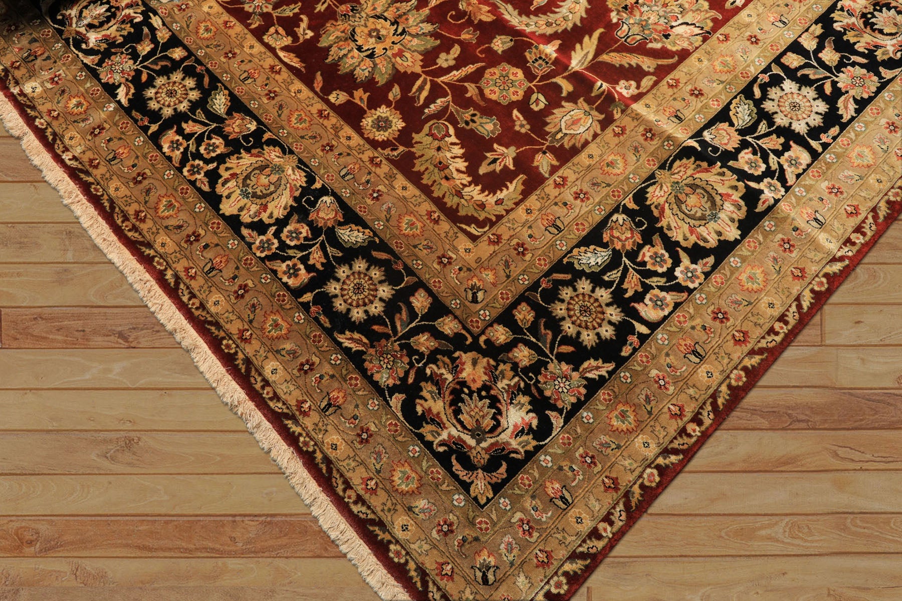 Palace Maroon, Black, Taupe Color Hand Knotted Agra New Zealand Wool & Silk Traditional Oriental Rug