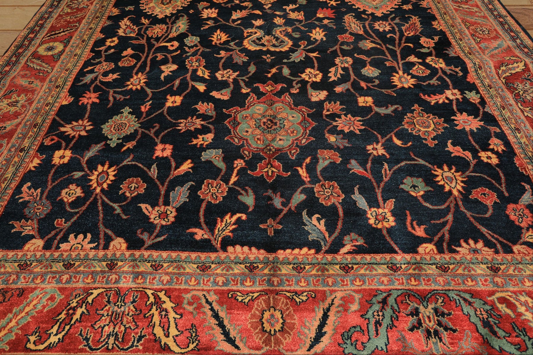 12x18 Navy, Rose, Turquoise Color Hand Knotted Indo Oushak Wool Traditional Oriental Rug