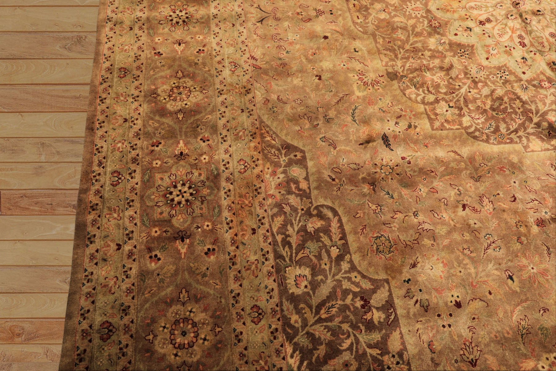 Palace Tan, Sage, Brown Color Hand Knotted Indo Persian Wool Transitional Oriental Rug