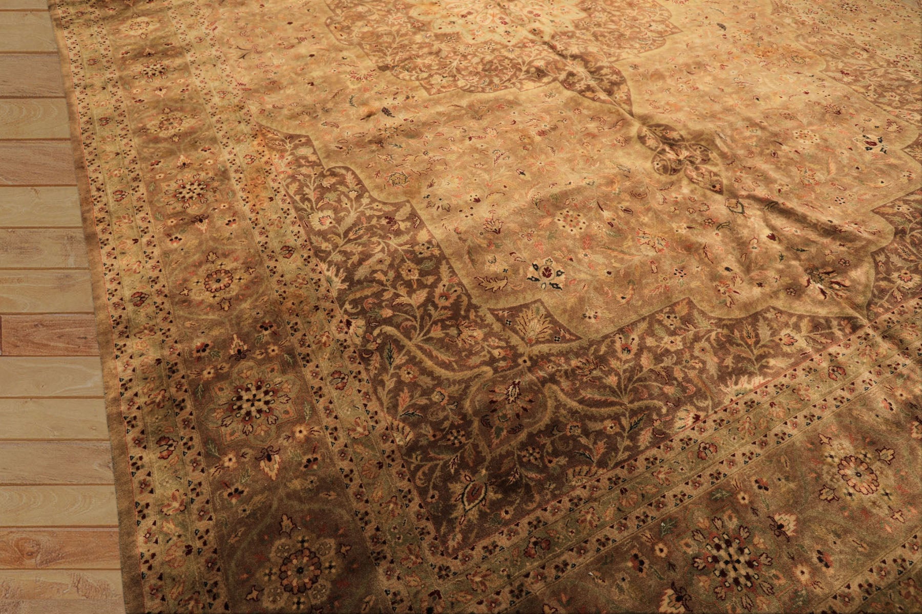 Palace Tan, Sage, Brown Color Hand Knotted Indo Persian Wool Transitional Oriental Rug