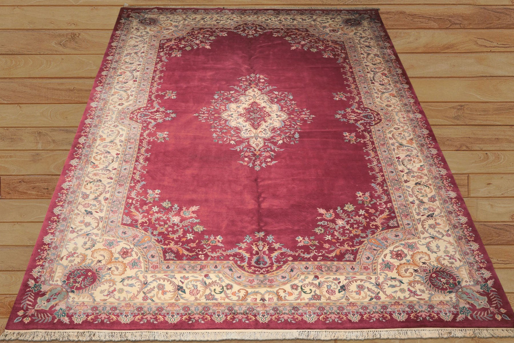 12x18 Plum, Ivory, Blue Color Hand Knotted Kerman Wool Traditional Oriental Rug