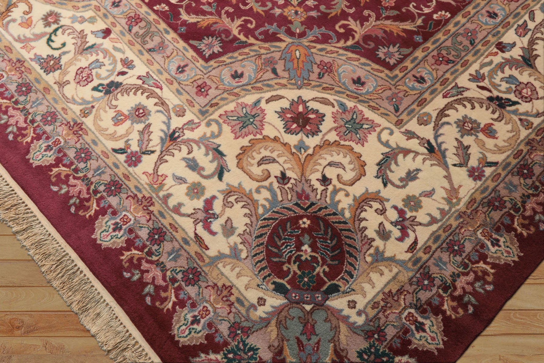 12x18 Plum, Ivory, Blue Color Hand Knotted Kerman Wool Traditional Oriental Rug