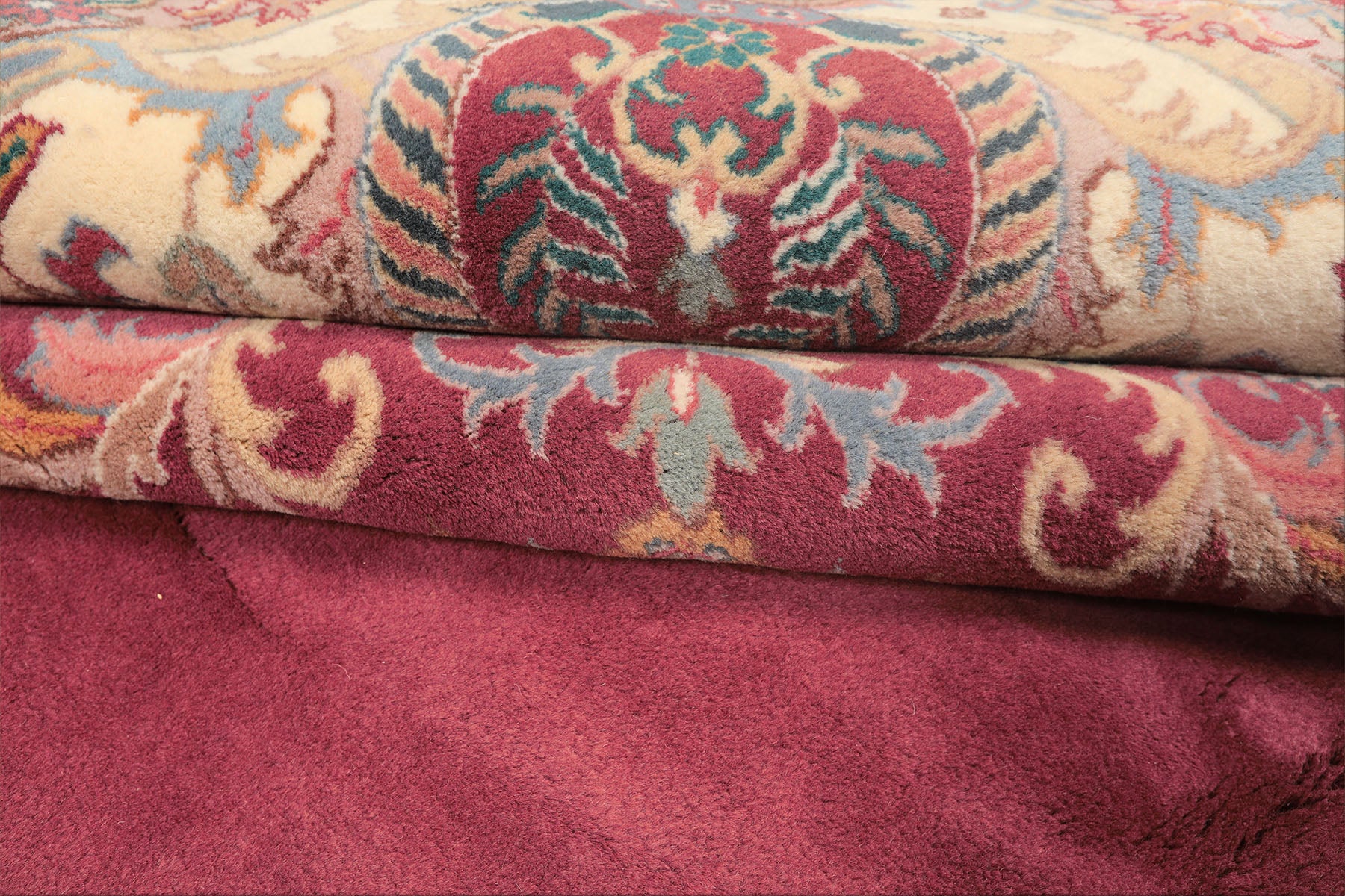 12x18 Plum, Ivory, Blue Color Hand Knotted Kerman Wool Traditional Oriental Rug
