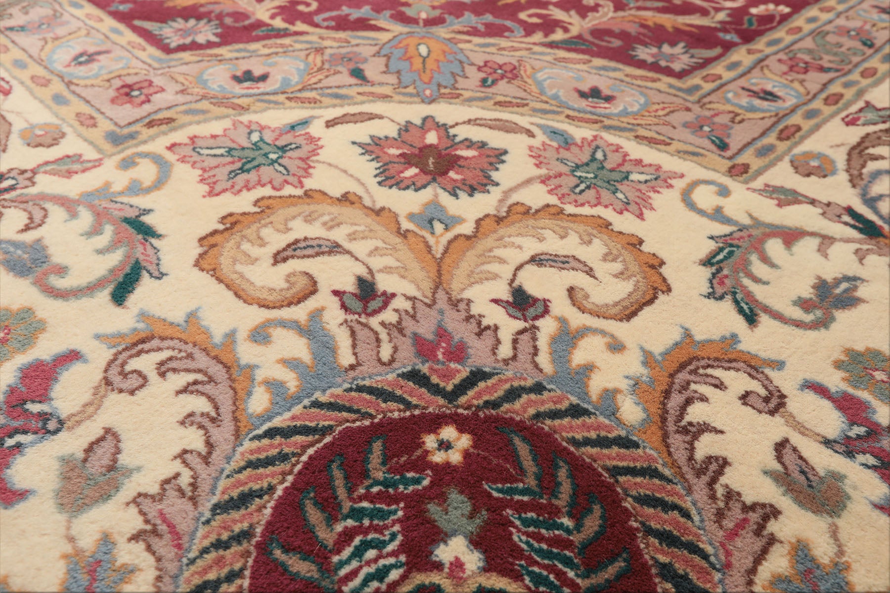 12x18 Plum, Ivory, Blue Color Hand Knotted Kerman Wool Traditional Oriental Rug