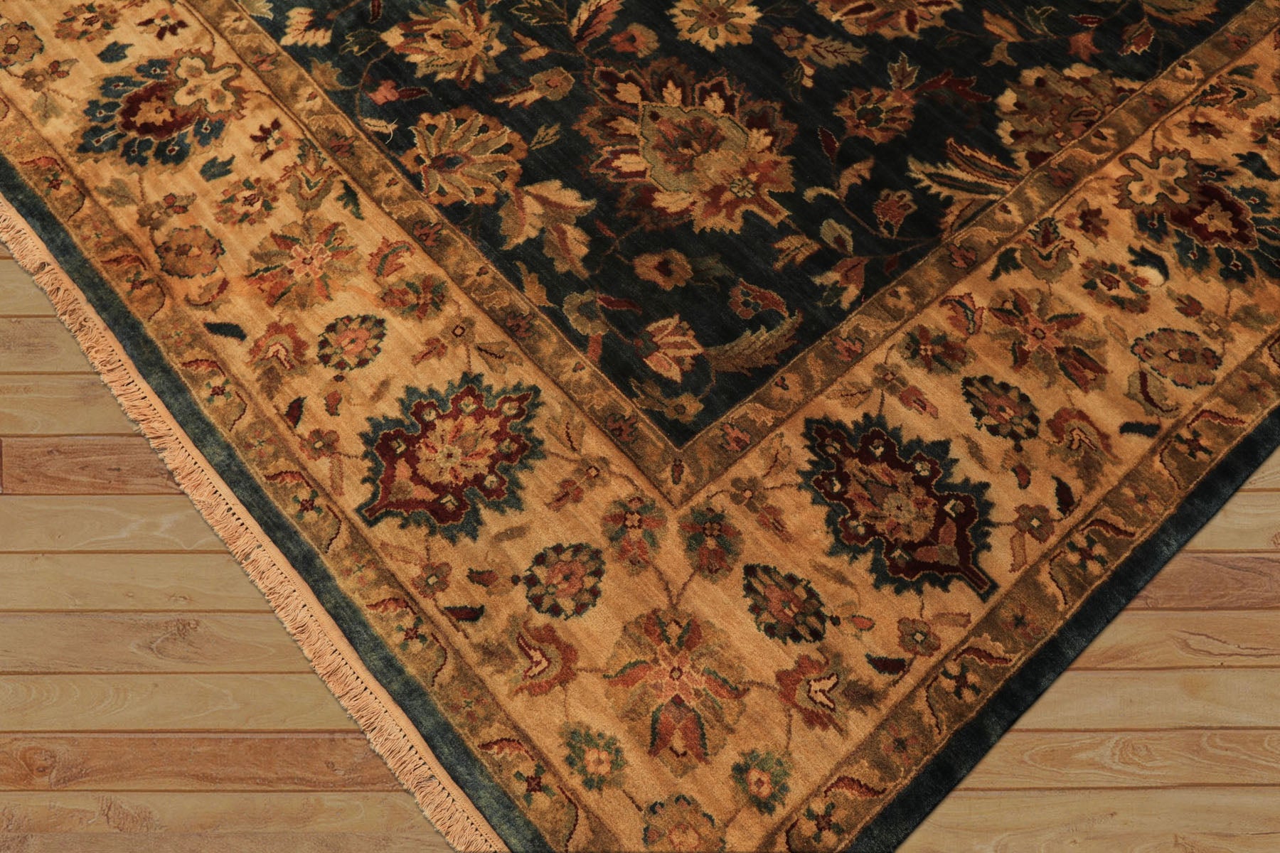 Palace Teal, Beige, Gold Color Hand Knotted Agra New Zealand Wool Traditional Oriental Rug