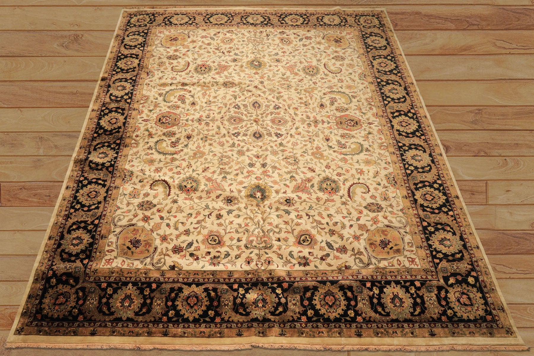 Palace Beige, Black, Maroon Color Hand Knotted Agra New Zealand Wool Traditional Oriental Rug