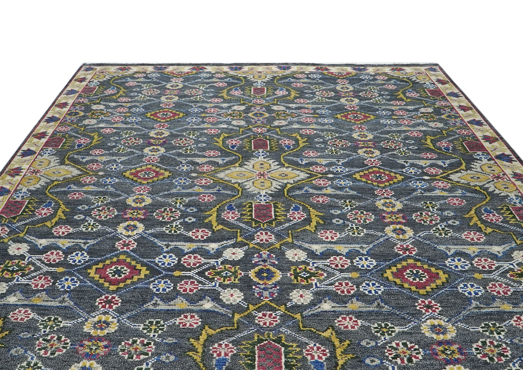 9x12 Blue, Lime, Beige Color Hand Knotted Oushak Wool Transitional Oriental Rug