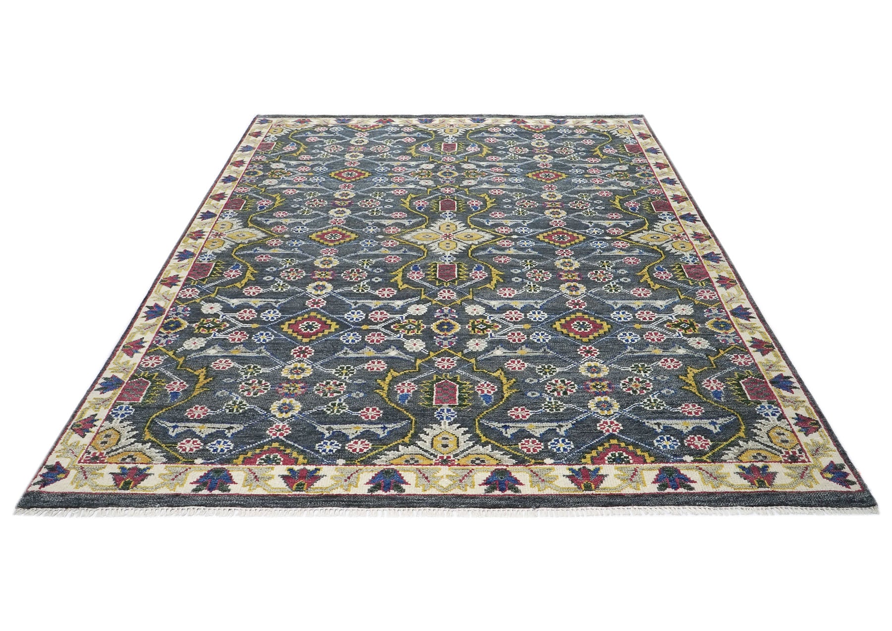 9x12 Blue, Lime, Beige Color Hand Knotted Oushak Wool Transitional Oriental Rug