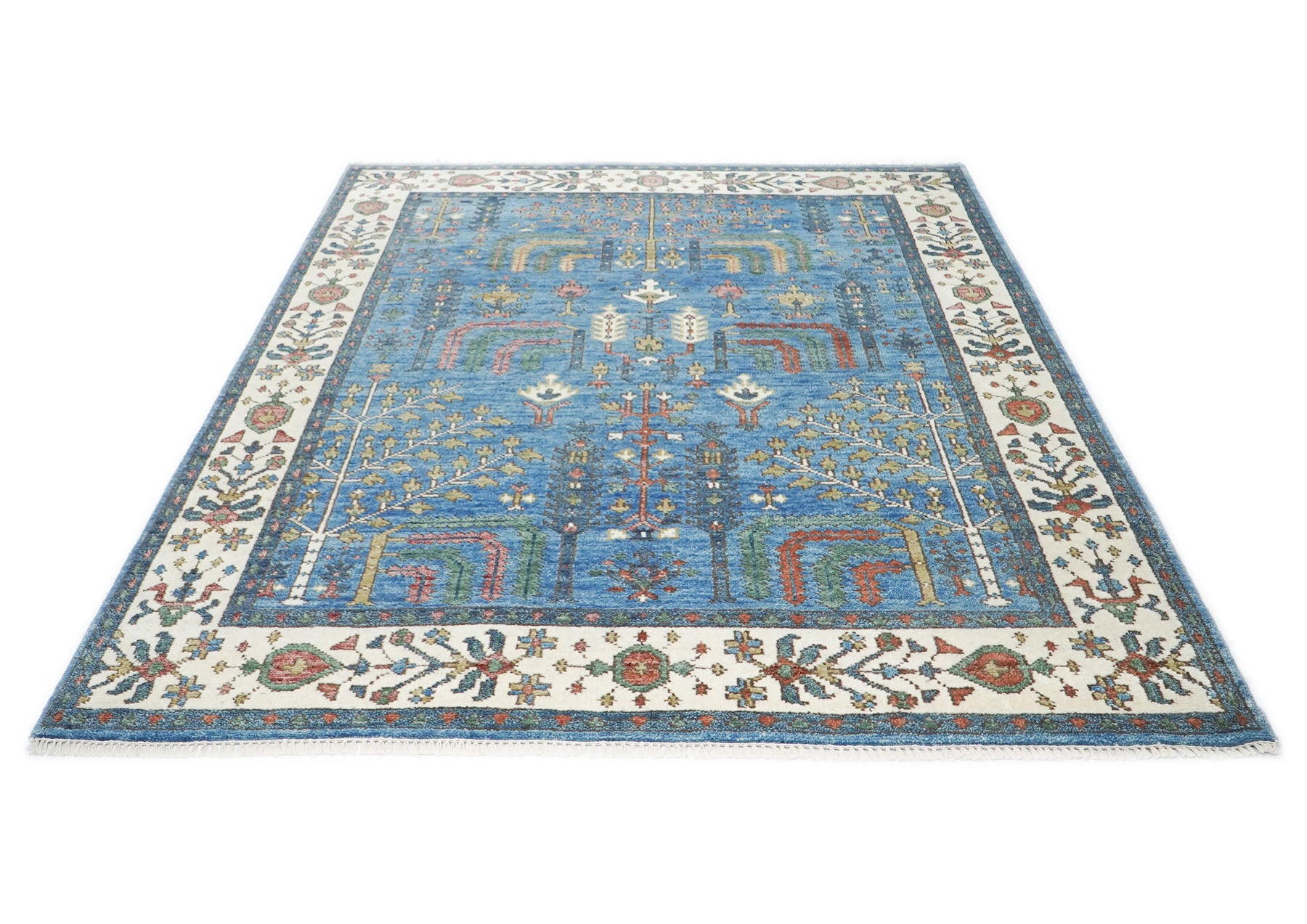 8x10 Blue, Ivory, Gold Color Hand Knotted Oushak Wool Transitional Oriental Rug