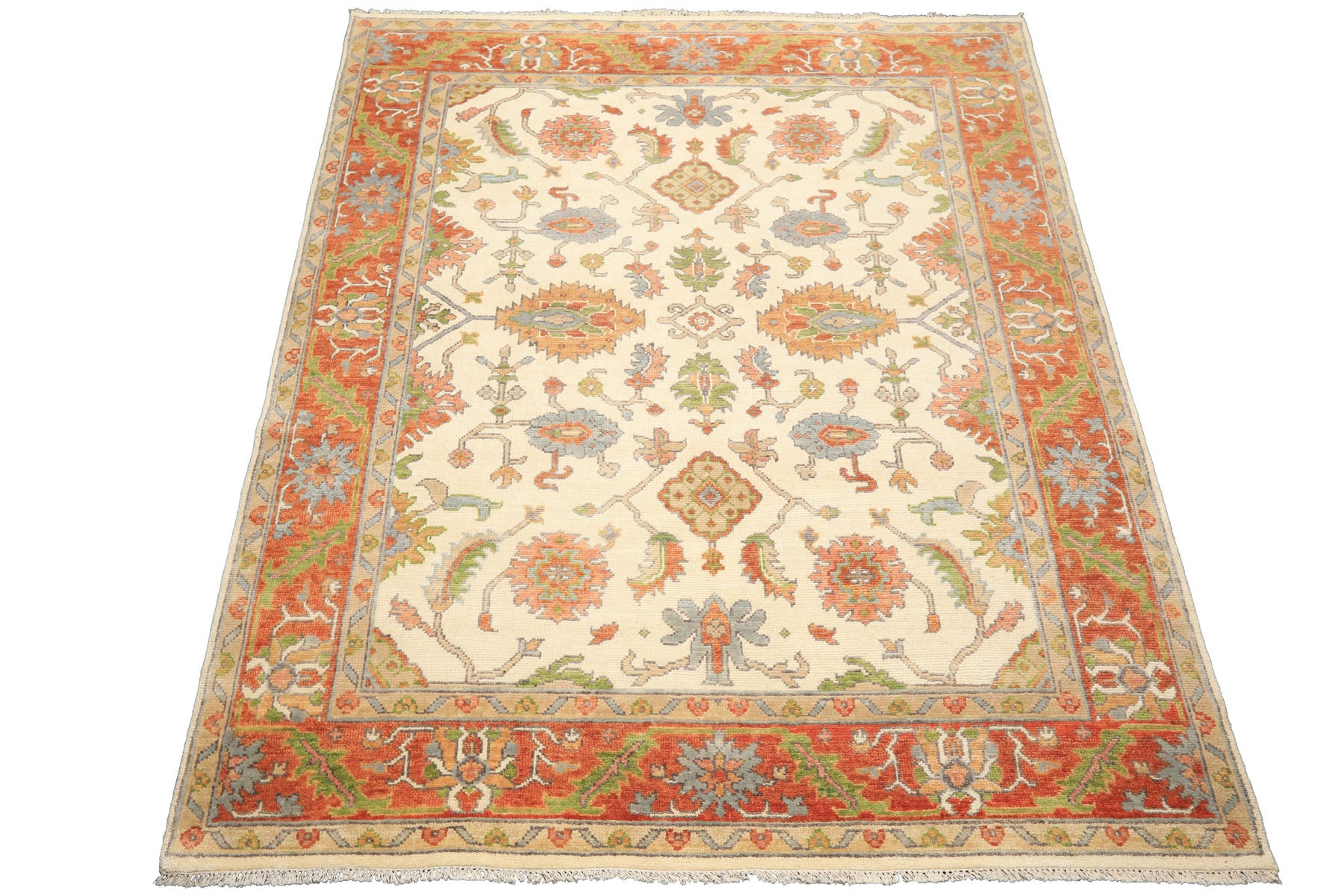 Ivory, Burnt Orange 7'10'' x 9'11'' Oushak Traditional Hand Knotted Wool Oriental Area Rug