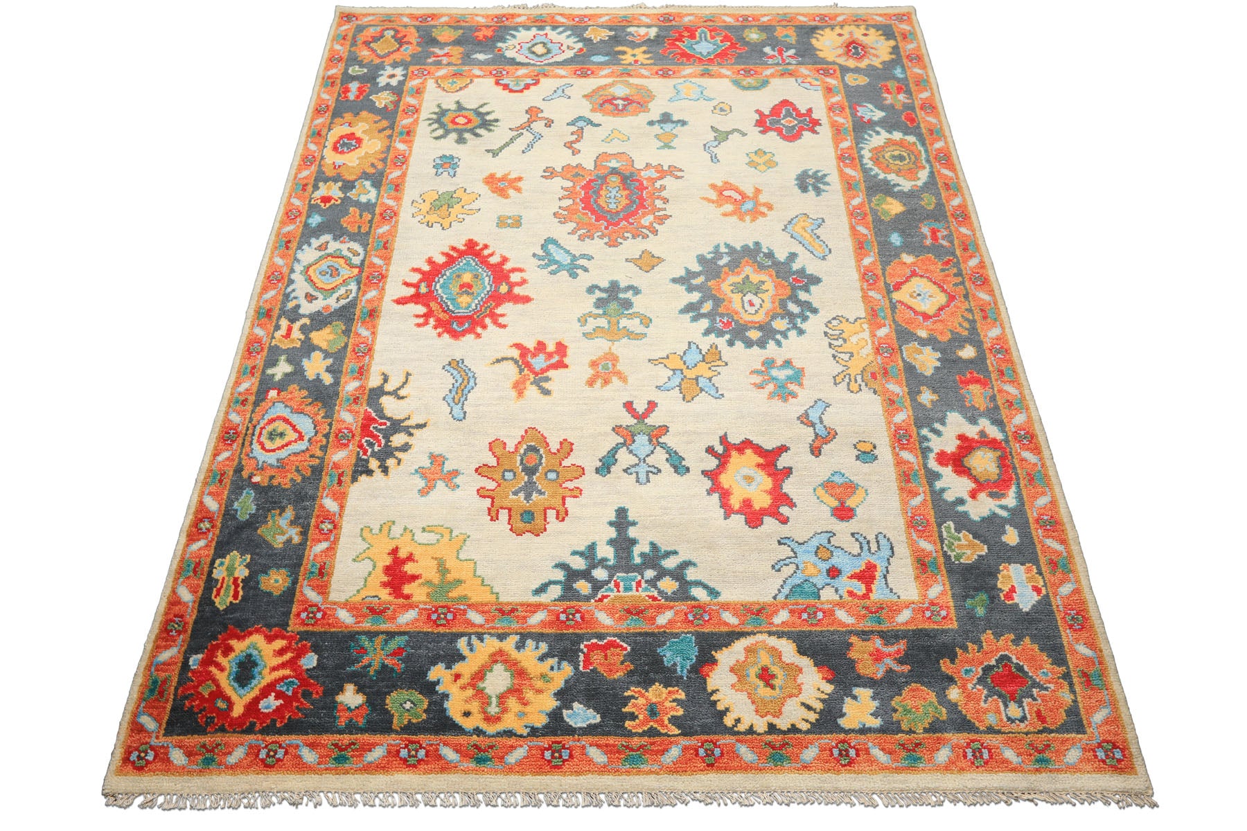 Beige, Gray 7'11'' x 9'11'' Oushak Traditional Hand Knotted Wool Oriental Area Rug