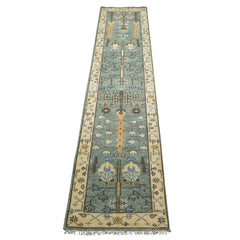 Runner Celadon, Ivory, Brown Color Hand Knotted Oushak Wool Traditional Oriental Rug