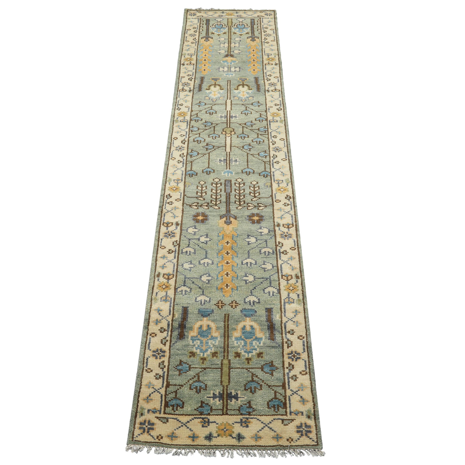 Runner Celadon, Ivory, Brown Color Hand Knotted Oushak Wool Traditional Oriental Rug