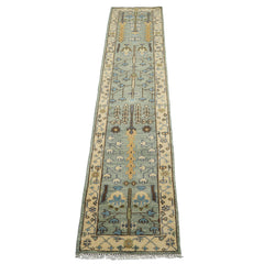 Runner Celadon, Ivory, Brown Color Hand Knotted Oushak Wool Traditional Oriental Rug