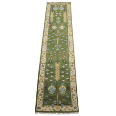 Runner Green, Ivory, Brown Color Hand Knotted Oushak Wool Traditional Oriental Rug