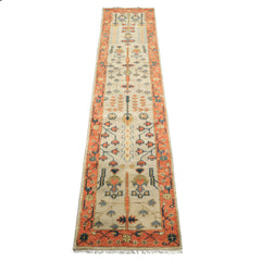 Runner Beige, Burnt Orange, Lime Color Hand Knotted Oushak Wool Traditional Oriental Rug