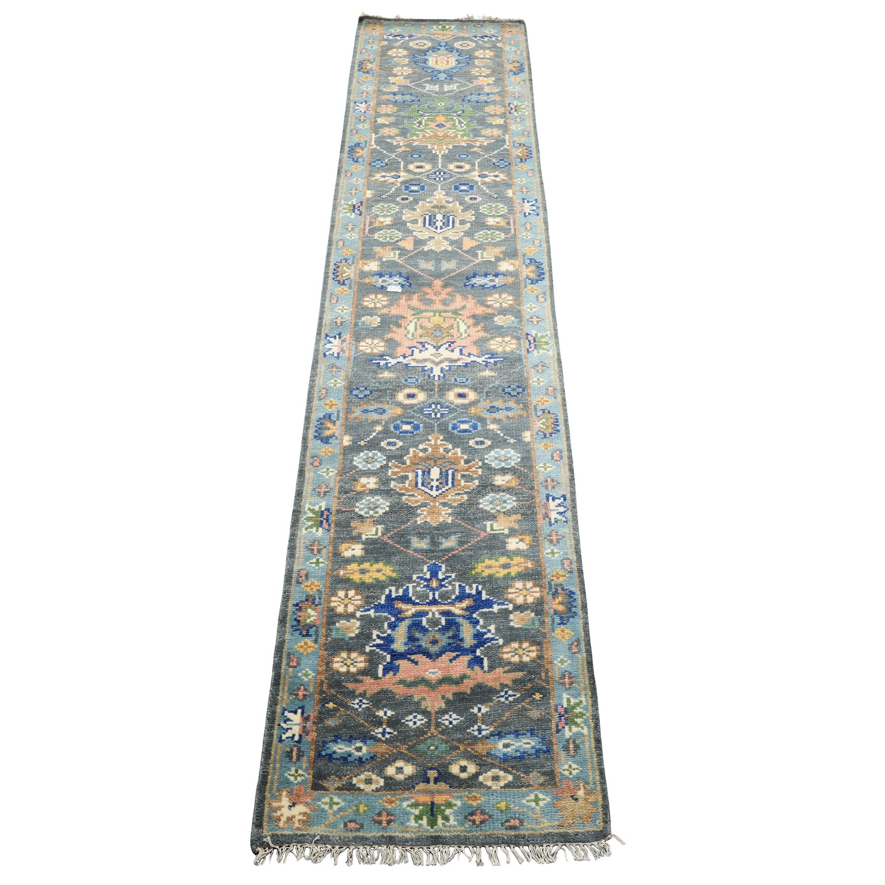 Runner Slate, Aqua, Navy Color Hand Knotted Oushak Wool Traditional Oriental Rug