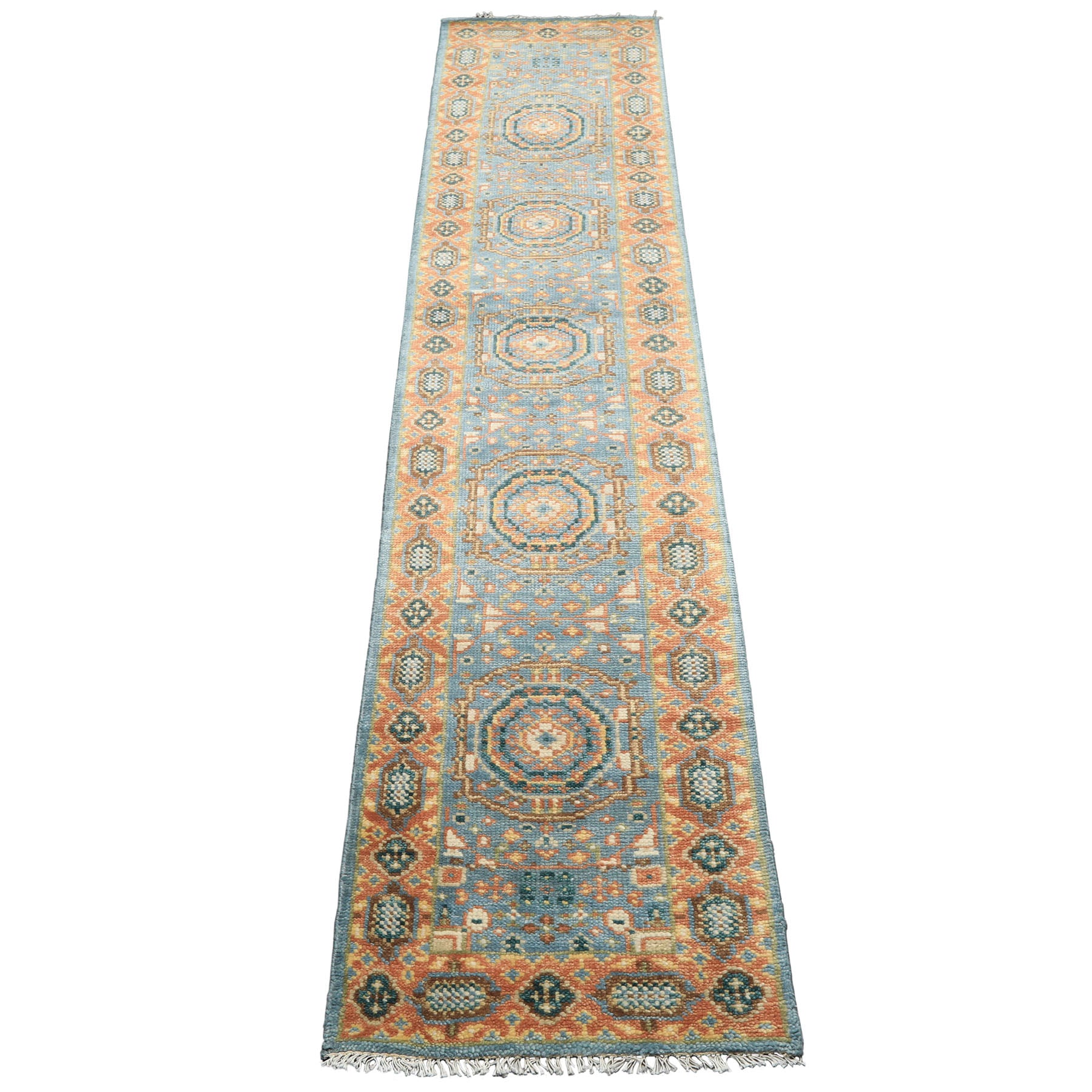 Runner Aqua, Burnt Orange, Lime Color Hand Knotted Oushak Wool Traditional Oriental Rug