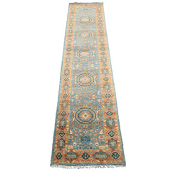 Runner Aqua, Burnt Orange, Lime Color Hand Knotted Oushak Wool Traditional Oriental Rug