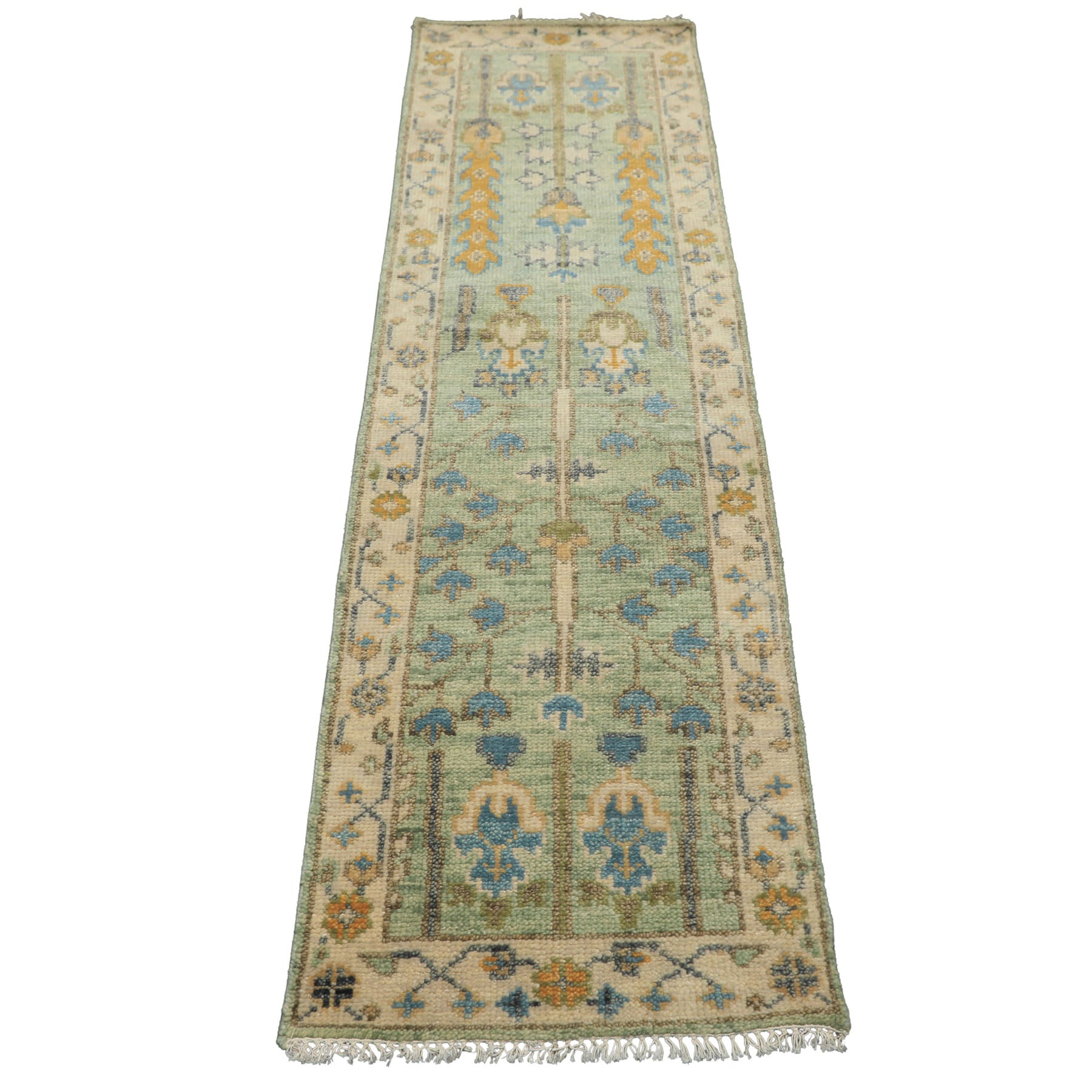 Runner Mint, Ivory, Gold Color Hand Knotted Oushak Wool Traditional Oriental Rug