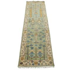 Runner Mint, Ivory, Gold Color Hand Knotted Oushak Wool Traditional Oriental Rug