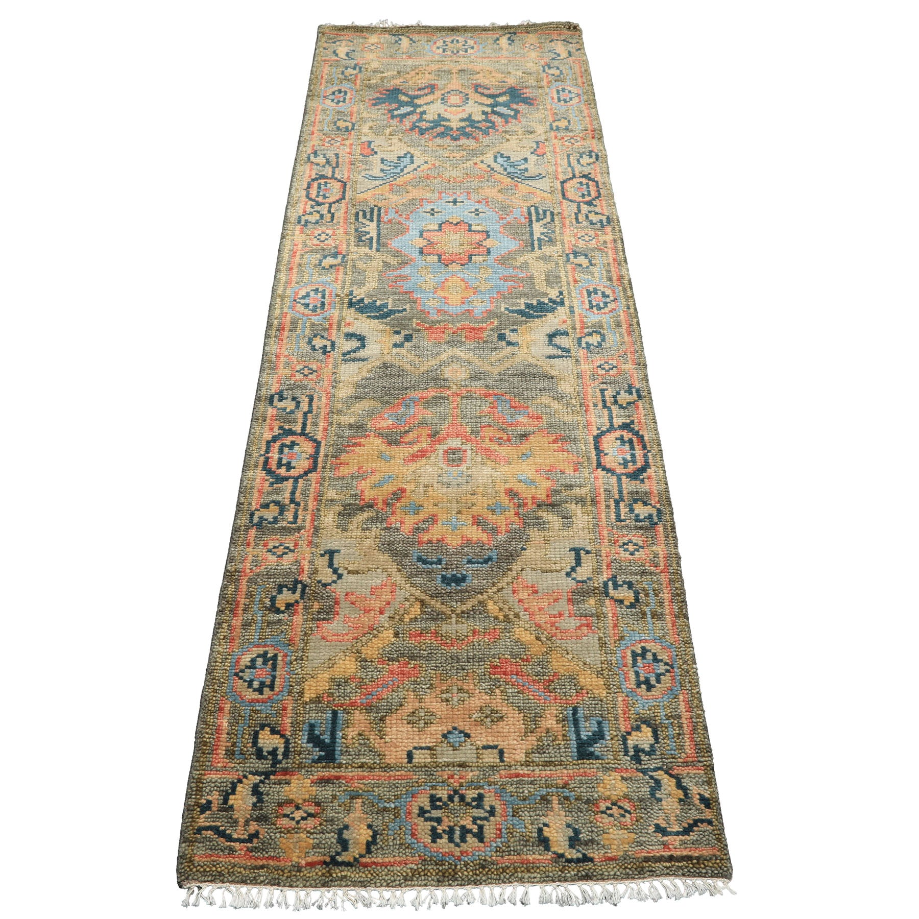 Runner Moss, Gold, Blush Color Hand Knotted Oushak Wool Traditional Oriental Rug