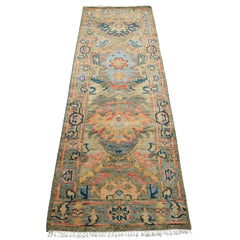 Runner Moss, Gold, Blush Color Hand Knotted Oushak Wool Traditional Oriental Rug