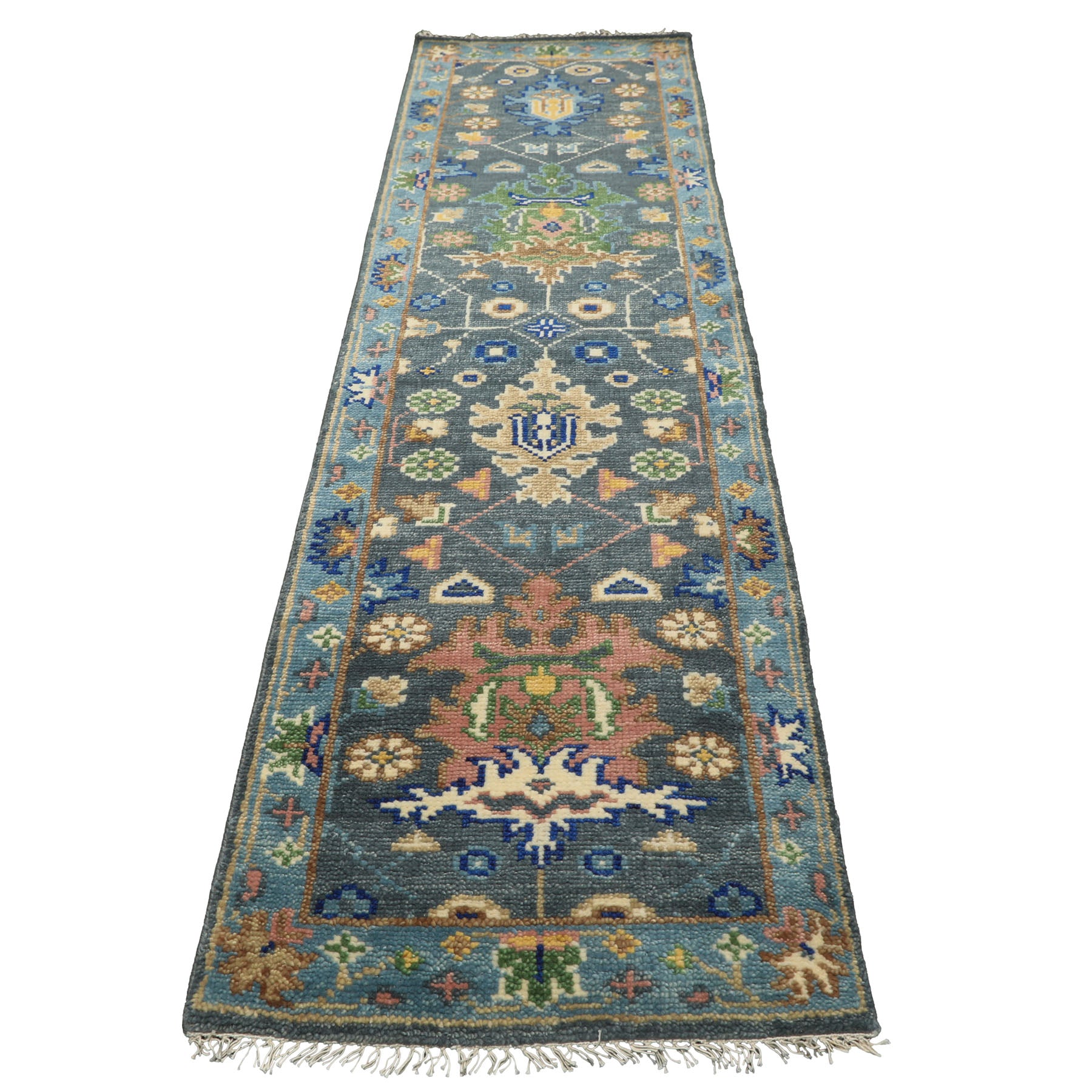 Runner Slate, Blue, Blush Color Hand Knotted Oushak Wool Traditional Oriental Rug